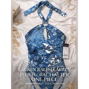 ✨ Lauren Ralph Lauren Blue Floral Halter One Piece Swimsuit NWT Size 4 ✨